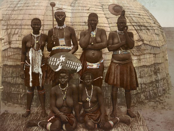 A Zulu and his Wives, South Africa, Photochrome Print, George Washington Wilson, 1890's