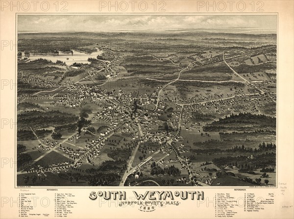 South Weymouth, Norfolk County, Massachusetts, Artist, C.E. Jorgensen, Geo. H. Walker & Son Lith., Boston, Published by A.P. Poole & Co., Brockton, Mass., 1885