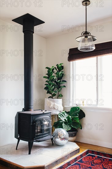 Wood Burning Stove in Corner of Living Room