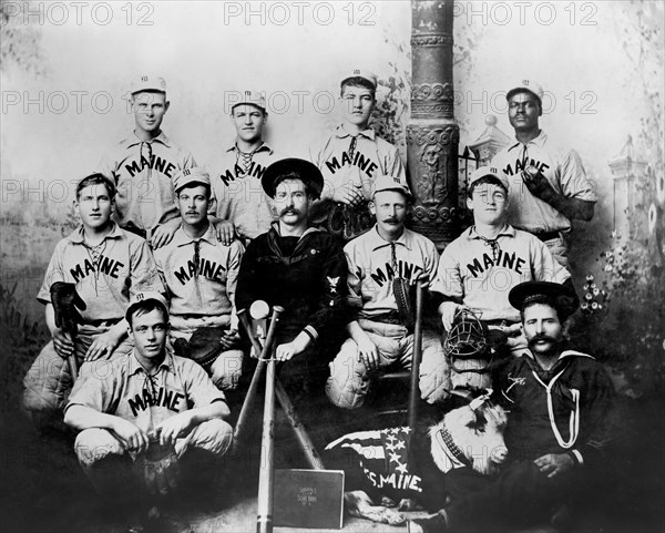 U.S.S. Maine Baseball Team, All Members except John H. Bloomer (back row, far left), were killed in the Explosion of the Maine at Havana, Cuba on February 15, 1898