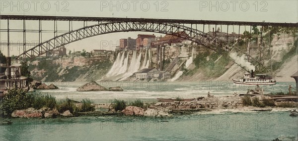 Niagara, Mills and Grand Trunk (i.e. Upper Steel Arch) Bridge, connecting Niagara Falls, New York, USA and Niagara Falls, Ontario, Canada, Detroit Publishing Company, 1900