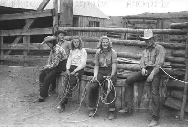 Group of People Learning how to Throw a Rope during Ranch Rodeo Contest, Brewster Arnold Quarter Circle U Ranch, Birney, Montana, USA, Arthur Rothstein, Farm Security Administration, June 1939