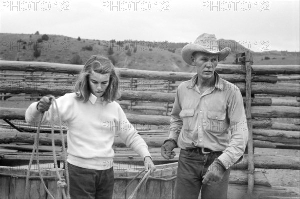 Learning how to Throw a Rope during Ranch Rodeo Contest, Brewster Arnold Quarter Circle U Ranch, Birney, Montana, USA, Arthur Rothstein, Farm Security Administration, June 1939