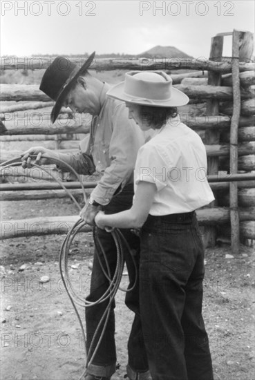 Learning how to Throw a Rope during Ranch Rodeo Contest, Brewster Arnold Quarter Circle U Ranch, Birney, Montana, USA, Arthur Rothstein, Farm Security Administration, June 1939