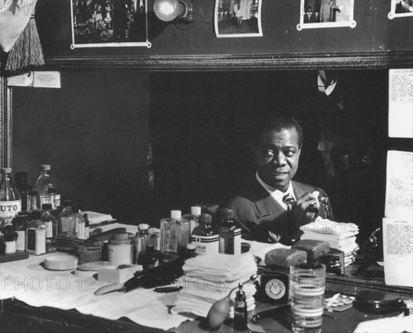 Louis Armstrong, American Jazz Performer, Portrait in Dressing Room, Aquarium, New York City, New York, USA, William P. Gottlieb Collection, July 1946