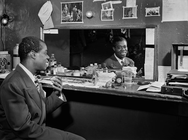 Louis Armstrong, American Jazz Performer, Portrait in Dressing Room, Aquarium, New York City, New York, USA, William P. Gottlieb Collection, July 1946