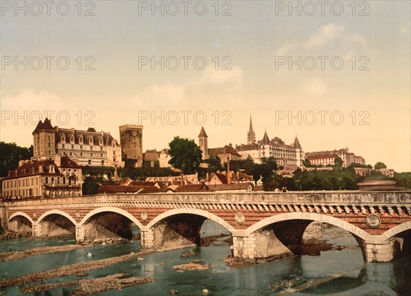 Castle and Bridge, Pau, Pyrenees, France, Photochrome Print, Detroit Publishing Company, 1900