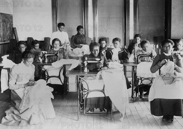 Young Women Sewing with Machines and by Hand in Sewing Class, Agricultural and Mechanical College, Greensboro, North Carolina, USA, 1900