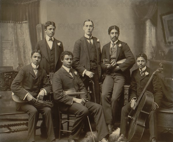 Portrait of Group of Young Musicians with Various String Instruments, rom left: Photographer's Twin Sons Clarence and Norman Askew, son Arthur Askew, neighbor Jake Sansome, and sons Robert and Walter Askew, Photo by Thomas E. Askew, 1899