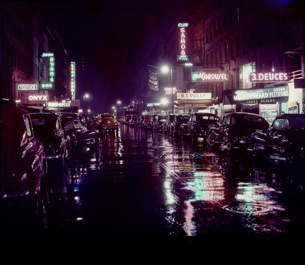 Street Scene at Night, West 52nd Street, New York City, New York, USA, William P. Gottlieb Collection, July 1948