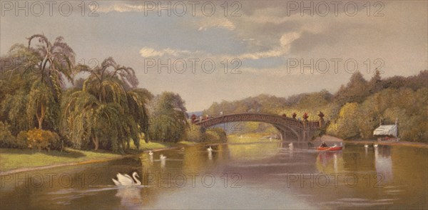 Central Park Views, Lake and Bow Bridge, H.A.F 1869, after oil painting by H.A. Ferguson, N.Y., 1869