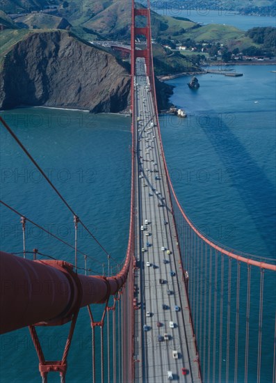 High Angle View of Golden Gate Bridge Spanning Mouth of San Francisco Bay, San Francisco, California, USA, 1960's