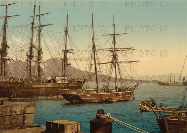 Ships in Harbor, Naples, Italy, Photochrome Print, Detroit Publishing Company, 1900