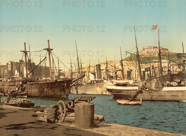 Ships in Harbor, Naples, Italy, Photochrome Print, Detroit Publishing Company, 1900