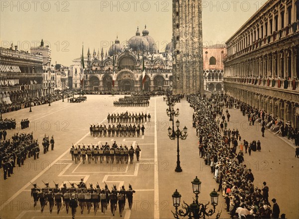 Military Review, St. Mark's, Place, Venice, Italy, Photochrome Print, Detroit Publishing Company, 1900