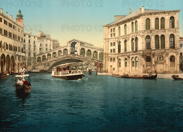 Grand Canal with Rialto Bridge, Venice, Italy, Photochrome Print, Detroit Publishing Company, 1900