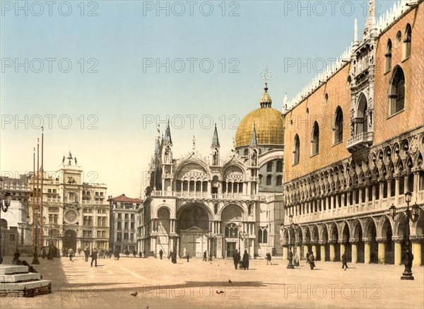 Clock tower, St. Mark's, and Doges' Palace, Piazzetta di San Marco, Venice, Italy, Photochrome Print, Detroit Publishing Company, 1900