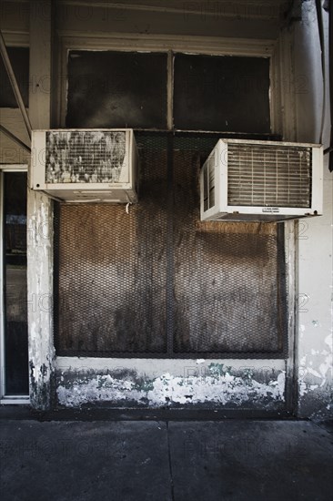 Air Conditioning Units Jutting Out onto Sidewalk, Leland, Mississippi, USA