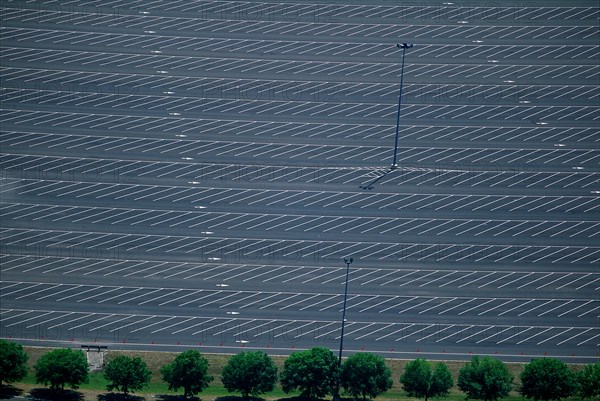 Empty Parking Lot and Row of Trees, High Angle View