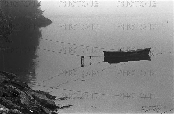 Small Moored Boat in Cove, Maine, USA