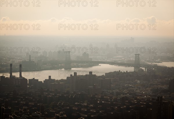 Manhattan Bridge and Skyline on Hazy Day, New York City, USA