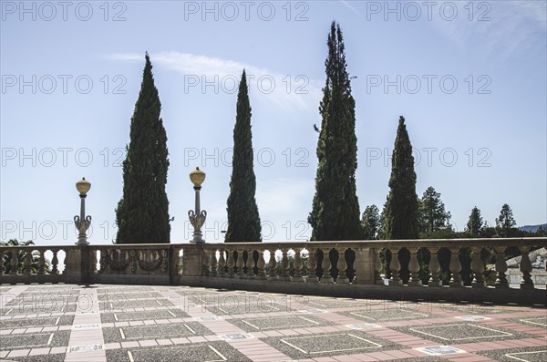 Terrace and Balustrade against Tall Trees, Hearst Castle, San Simeon, California, USA