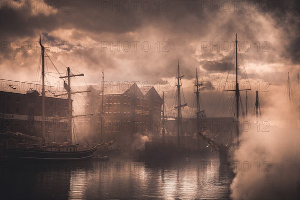 Tall Ships in Foggy Harbor, Gloucester, England, United Kingdom