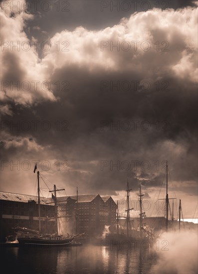 Tall Ships in Foggy Harbor, Gloucester, England, United Kingdom