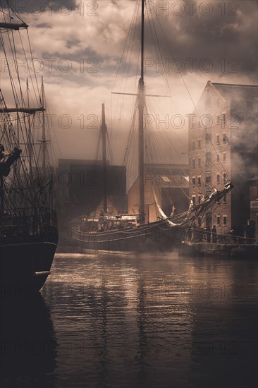Tall Ships in Misty Harbor, Gloucester, England, United Kingdom