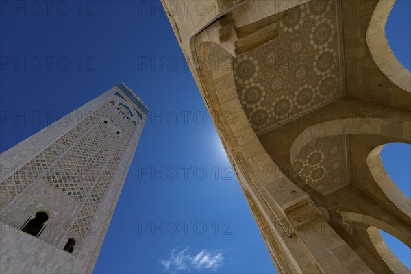 Mosque and Mineret Against Blue Sky, Low Angle View, Casablanca, Morocco