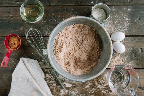 Cake Mix and Ingredients, High Angle View