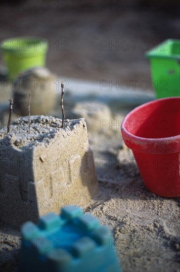 Sand Castle and Pails in Sandbox