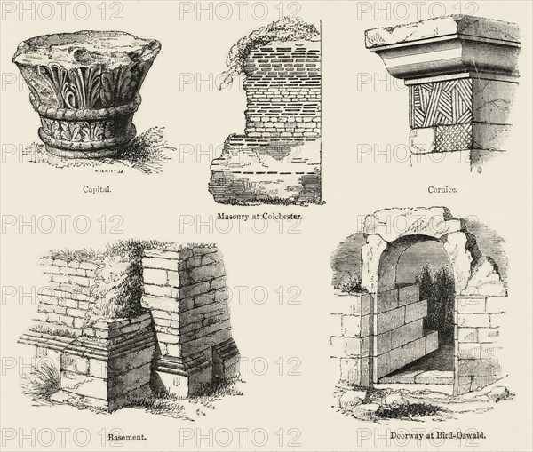 Ancient Architectural Details, Capital, Masonry at Colchester, Cornice, Basement, Doorway at Bird-Oswald, Illustration from John Cassell's Illustrated History of England, Vol. I from the earliest period to the reign of Edward the Fourth, Cassell, Petter and Galpin, 1857