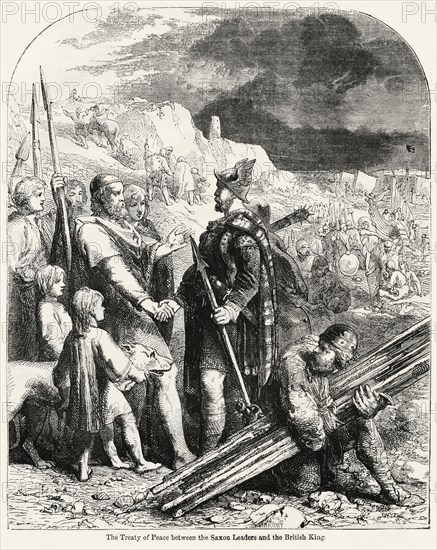 The Treaty of Peace between the Saxon Leaders and the British King, Illustration from John Cassell's Illustrated History of England, Vol. I from the earliest period to the reign of Edward the Fourth, Cassell, Petter and Galpin, 1857