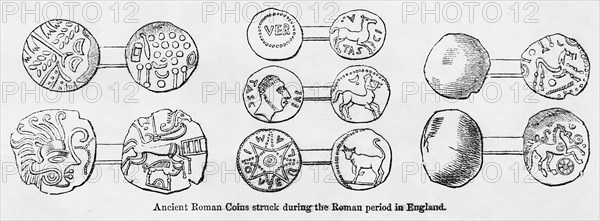Ancient Roman Coins struck during the Roman period in England, Illustration from John Cassell's Illustrated History of England, Vol. I from the earliest period to the reign of Edward the Fourth, Cassell, Petter and Galpin, 1857