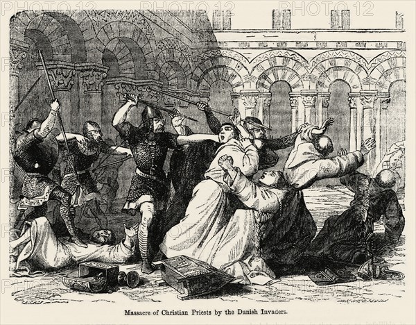 Massacre of Christian Priests by the Danish Invaders, Illustration from John Cassell's Illustrated History of England, Vol. I from the earliest period to the reign of Edward the Fourth, Cassell, Petter and Galpin, 1857