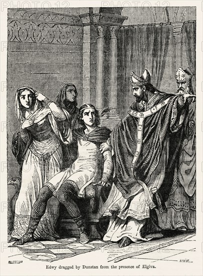 Edwy dragged by Dunstan from the presence of Elgiva, Illustration from John Cassell's Illustrated History of England, Vol. I from the earliest period to the reign of Edward the Fourth, Cassell, Petter and Galpin, 1857
