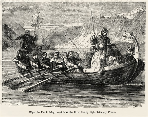 Edgar the Pacific being rowed down the River Dee by Eight Tributary Princes, Illustration from John Cassell's Illustrated History of England, Vol. I from the earliest period to the reign of Edward the Fourth, Cassell, Petter and Galpin, 1857