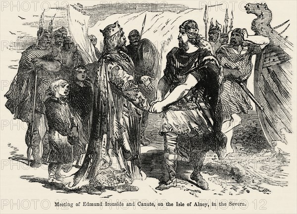 Meeting of Edmund Ironside and Canute, on the Isle of Alney, in the Severn, Illustration from John Cassell's Illustrated History of England, Vol. I from the earliest period to the reign of Edward the Fourth, Cassell, Petter and Galpin, 1857