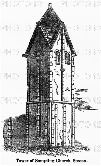 Tower of Sompting Church, Sussex, Illustration from John Cassell's Illustrated History of England, Vol. I from the earliest period to the reign of Edward the Fourth, Cassell, Petter and Galpin, 1857