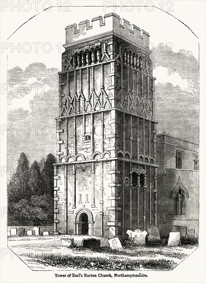 Tower of Earl’s Barton Church, Northamptonshire, Illustration from John Cassell's Illustrated History of England, Vol. I from the earliest period to the reign of Edward the Fourth, Cassell, Petter and Galpin, 1857