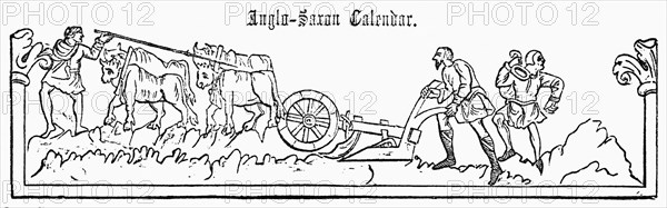 Anglo-Saxon Calendar, January, pre-Norman Conquest of 1066, Illustration from John Cassell's Illustrated History of England, Vol. I from the earliest period to the reign of Edward the Fourth, Cassell, Petter and Galpin, 1857