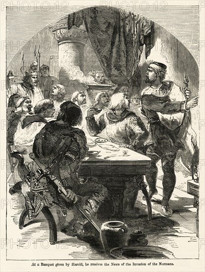 At a Banquet given by Harold, he receives the News of the Invasion of the Normans, Illustration from John Cassell's Illustrated History of England, Vol. I from the earliest period to the reign of Edward the Fourth, Cassell, Petter and Galpin, 1857