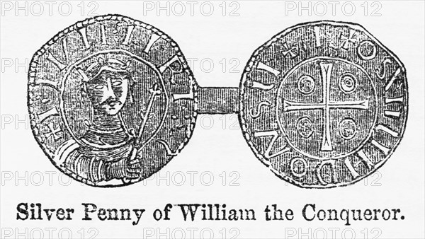 Silver Penny of William the Conqueror, Illustration from John Cassell's Illustrated History of England, Vol. I from the earliest period to the reign of Edward the Fourth, Cassell, Petter and Galpin, 1857