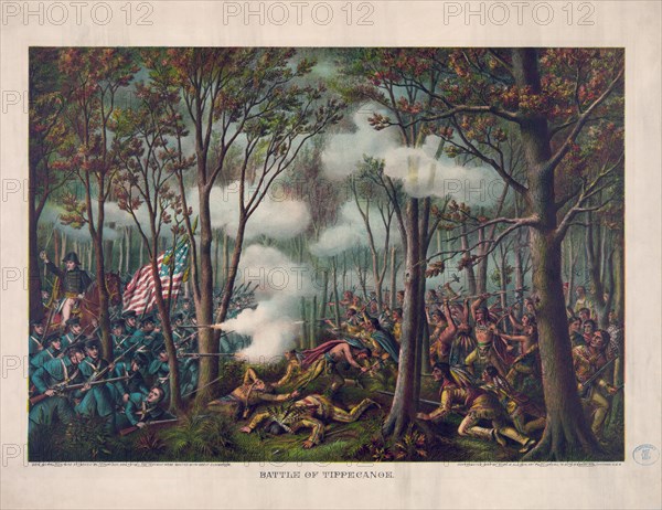Battle of Tippecanoe, Gen. Harrison was Attacked by Tecum'she, Nov. 7th 1811, The Indians were Routed with Great Slaughter, Chromolithograph, Kurz & Allison, 1889