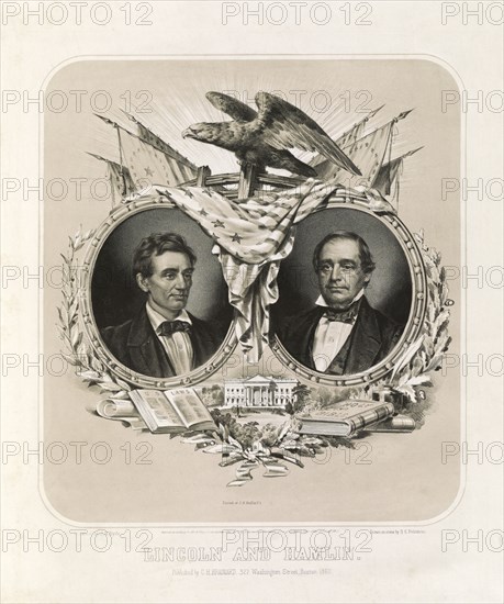 Lincoln and Hamlin, U.S. Presidential Campaign Banner for Republican Candidates Abraham Lincoln and Hannibal Hamlin, Head and Shoulders Portraits in Oval Frames Draped with American Flag and also Featuring an Eagle, White House, Bible and Book of U.S. Laws, Lithograph, C.H. Brainard, 1860