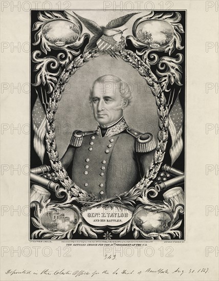 Genl. Z. Taylor and his Battles, The Nation's Choice for the 12th President of the U.S., Campaign Print for Whig Presidential Nominee Zachary Taylor, Lithograph, James Baillie, 1847