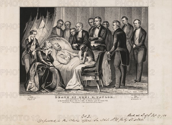 Death of General Z. Taylor, 12th President of the United States, at the Presidents House, July 9th, 1850, 35 minutes Past 10 o'clock P.M., Lithograph, Nathaniel Currier, 1850