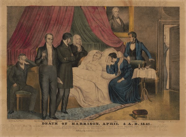 Death of Harrison, April 4 A.D. 1841, U.S. President William Henry Harrison on his Deathbed with family, Reverend Hawley,  Secretary of Treasury Thomas Ewing, Secretary of State Daniel Webster and Postmaster General Francis Granger, Lithograph, Nathaniel Currier, 1841