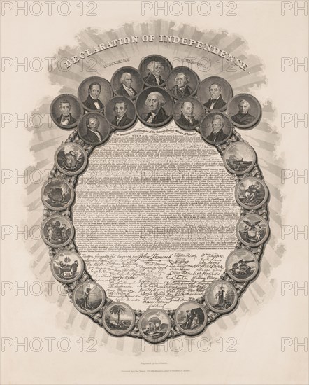 Declaration of Independence, in Congress July 4th 1776, Text and Signatures within Wreath of Portraits of First Twelve U.S. Presidents and Scenes Representing Thirteen Colonies, Engraved by Geo. G. Smith, Published by Charles Root, Boston, 1850